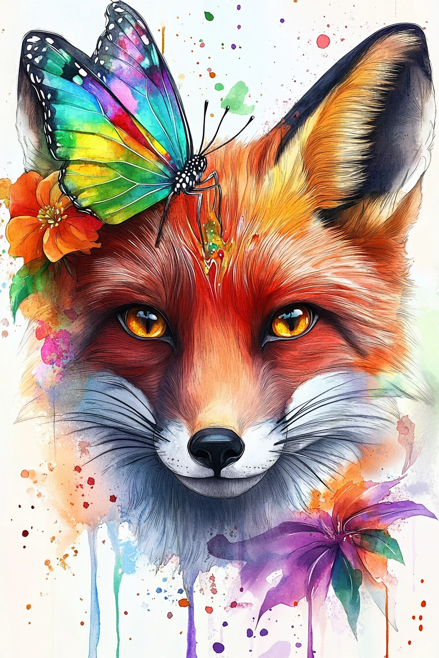 Whimsical Watercolor Fox Portrait With Rainbow Butterfly