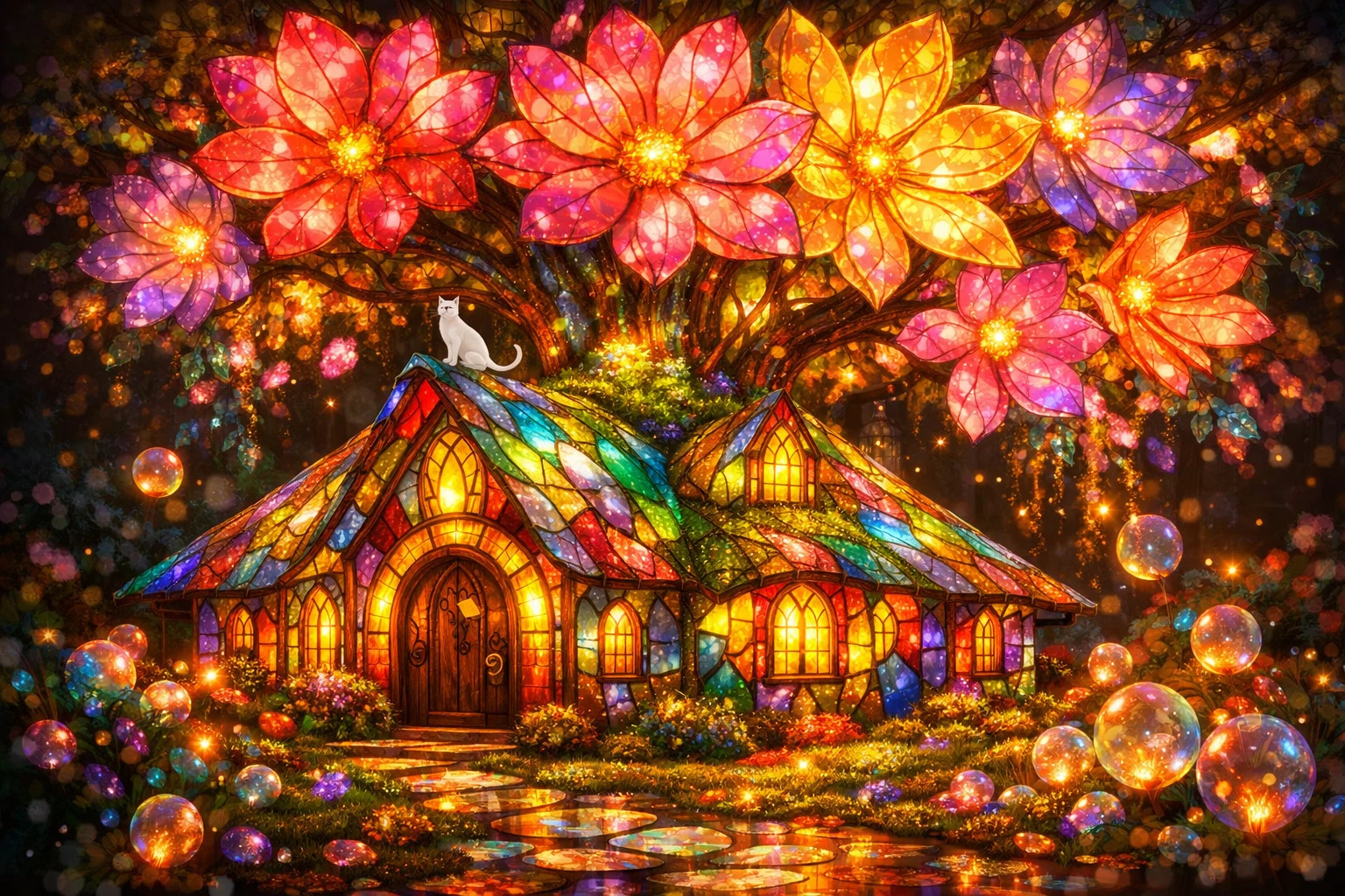 Stained Glass Fairy Cottage Beneath A Luminous Fantasy Tree