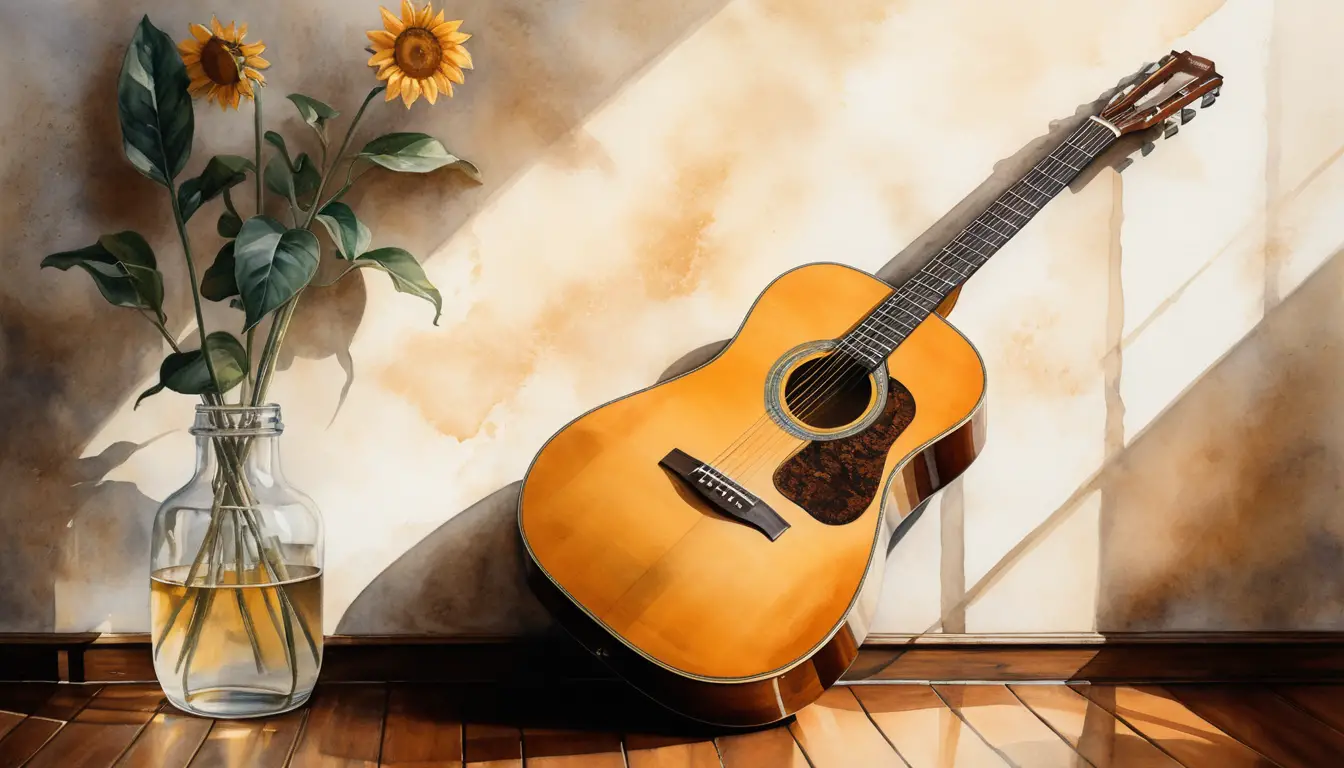 Estudio en acuarela de una guitarra vieja junto a una pared descolorida
