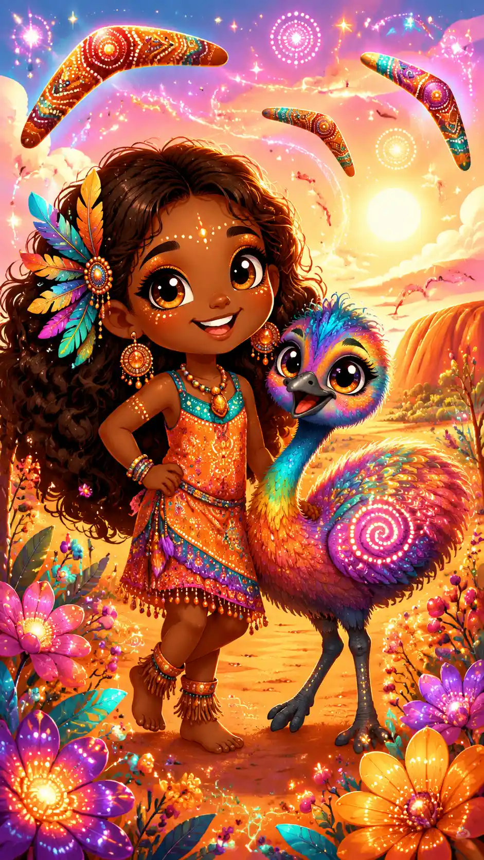 Joyful Aboriginal girl with rainbow emu in fantasy outback