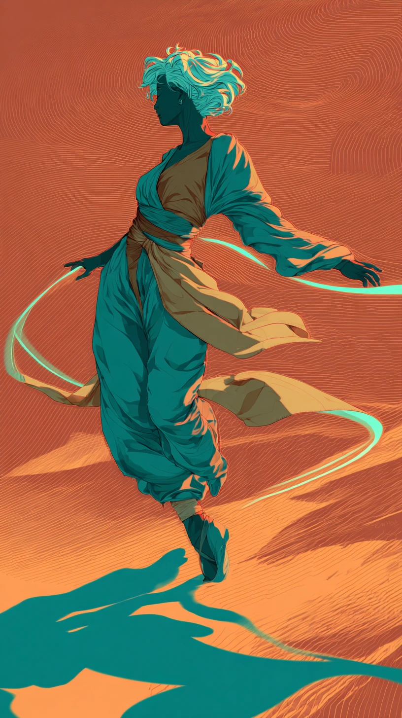 Bailarina de anime en escena en movimiento de desierto neón retro