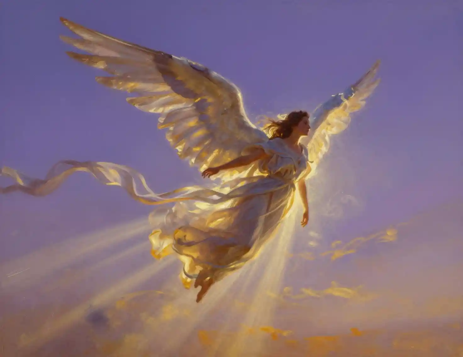 Ethereal angel in violet twilight sky with glowing god rays