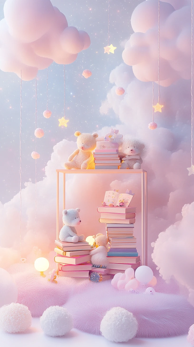 Pastel storybooks with tiny animals under twinkling fairy lights