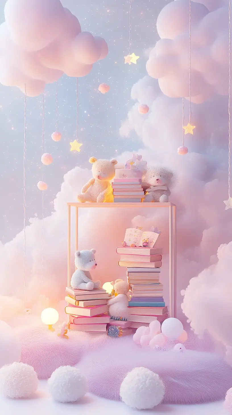 Pastel storybooks with tiny animals under twinkling fairy lights