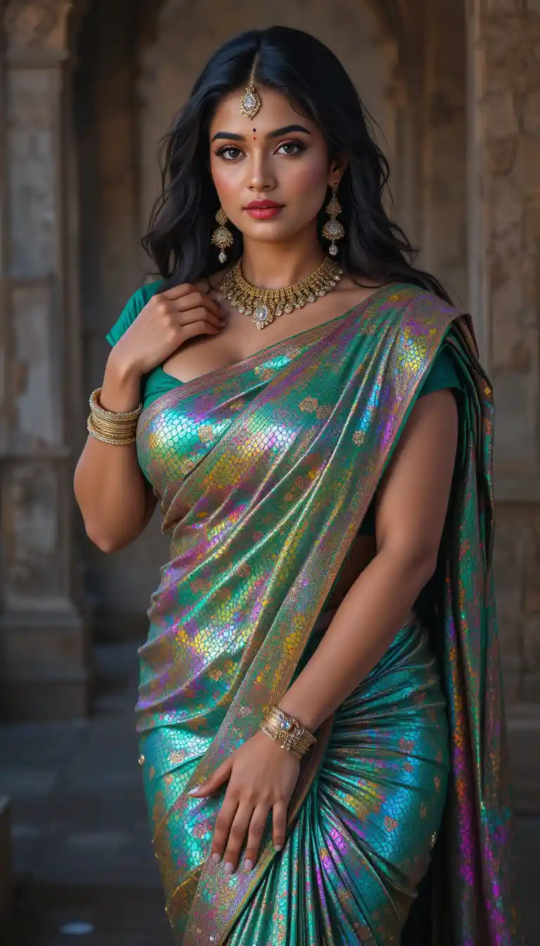 Tamil woman in glossy mirror saree with navel revealed