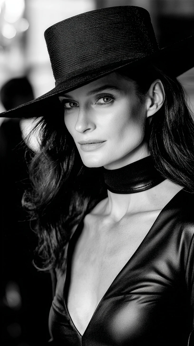 Alluring woman in black hat in dramatic monochrome portrait