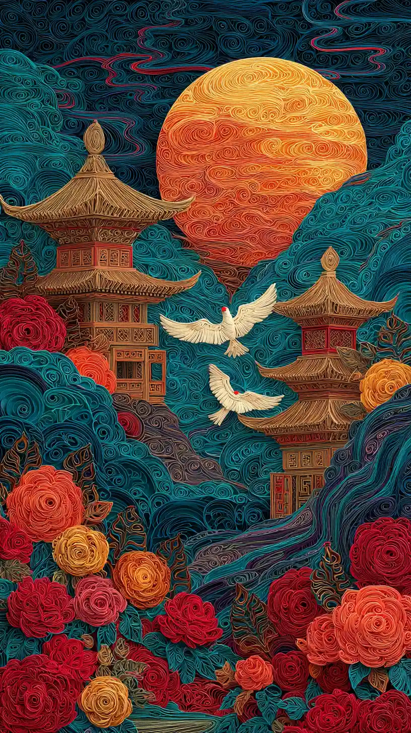 Moonlit pagodas above a vibrant floral mountain landscape