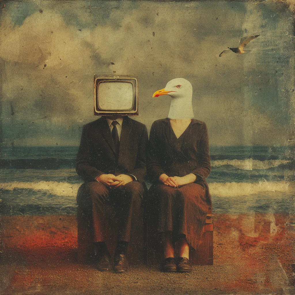 Collage surreal y melancólico de la ausencia sobre lienzo abstracto
