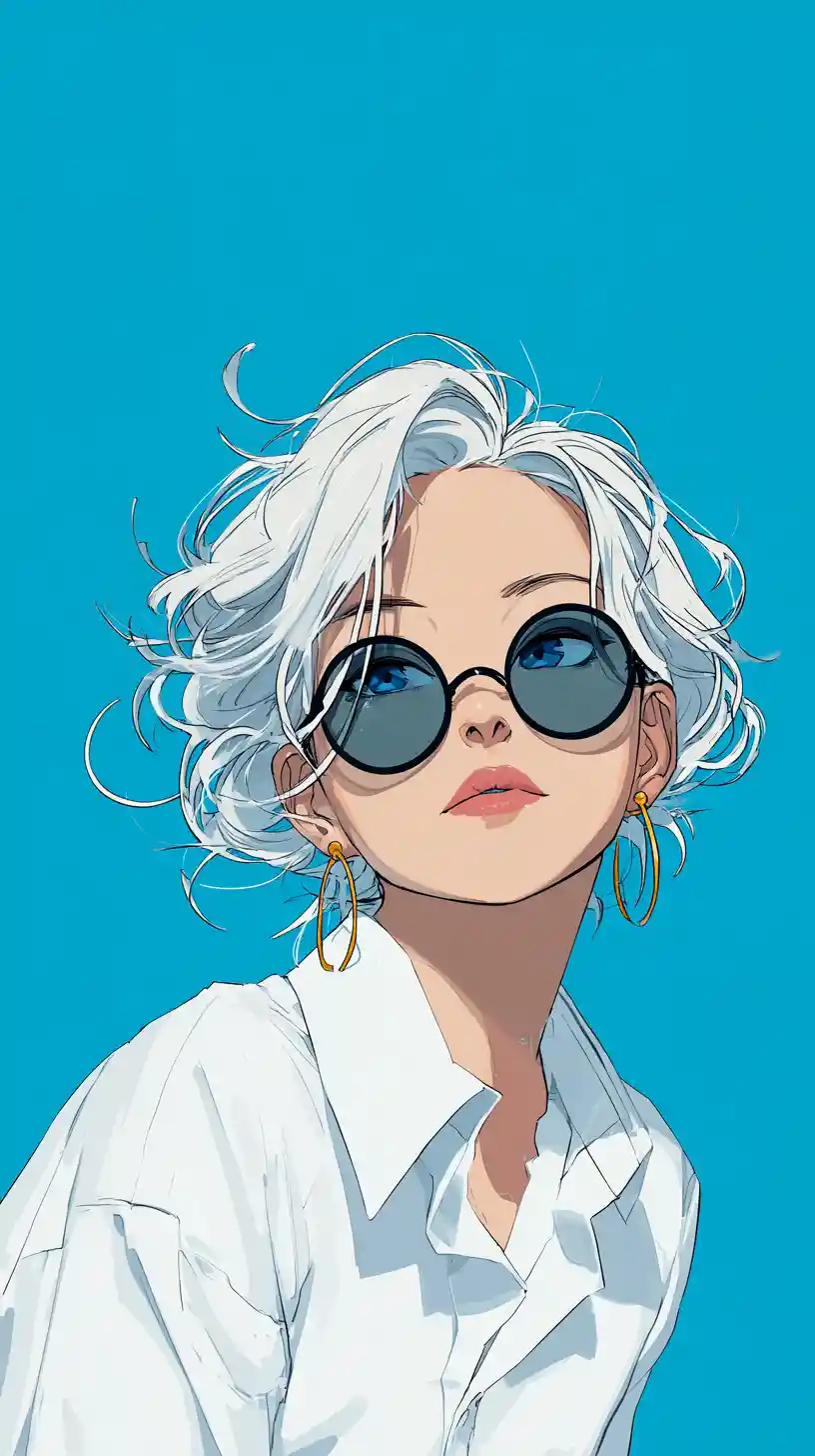 Anime girl portrait with white hair and round sunglasses