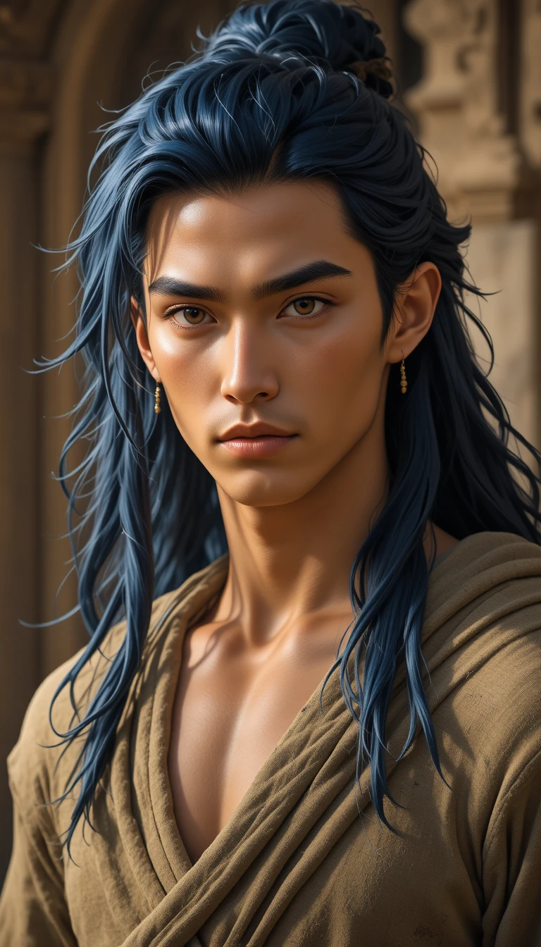 Young fantasy man with dark indigo hair and olive eyes