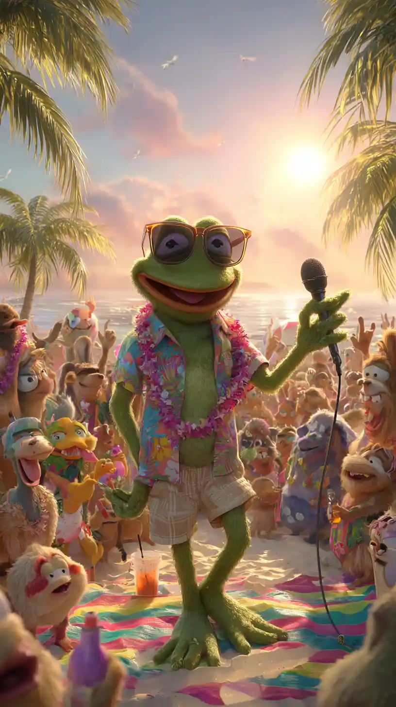 Cartoon frog speaker on a sunny beach with crowd
