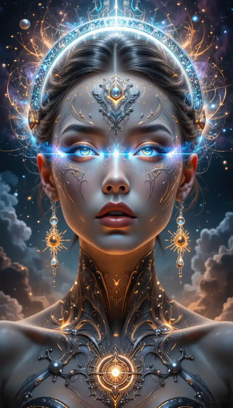 Cosmic woman portrait with luminous crescent moon crown