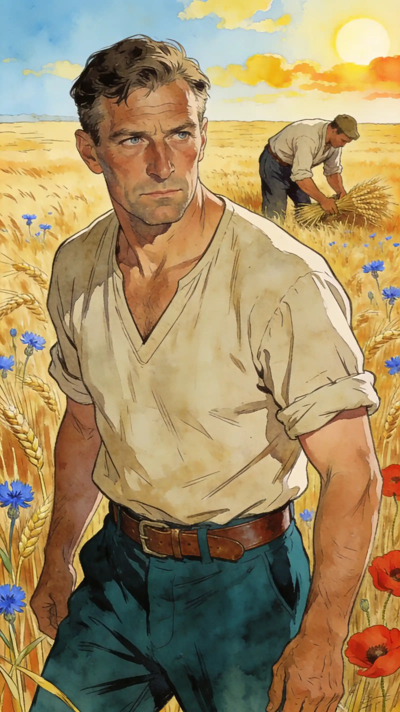 Determined Farmer In Sunlit Wheat Field Illustration