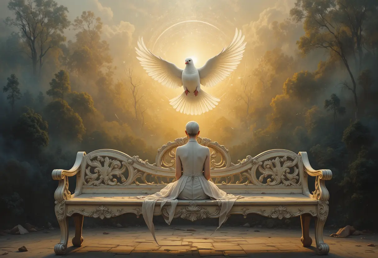 Solitary figure with glowing white dove at golden sunset