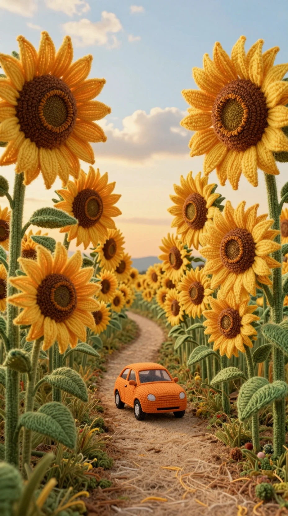 Tiny orange car on a yarn road through giant sunflowers