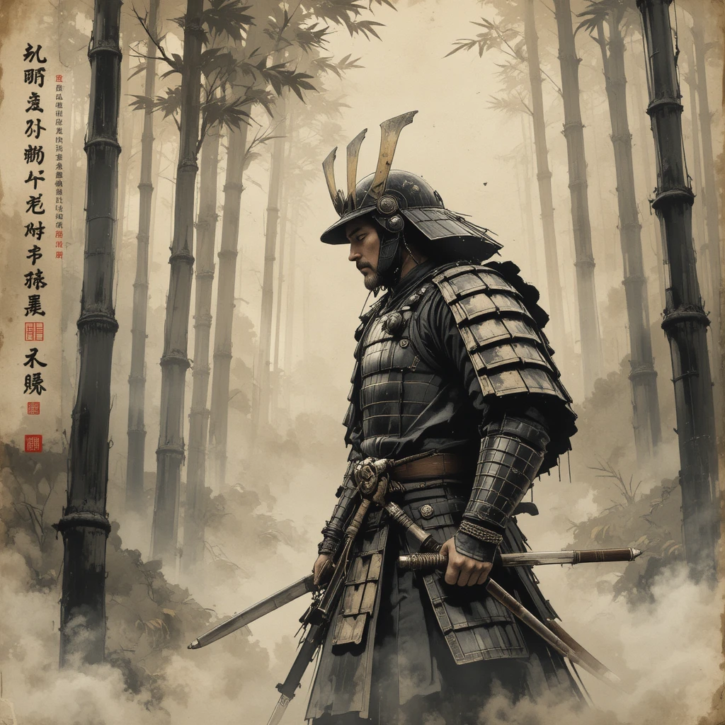 Samurai warrior in misty bamboo forest ink painting