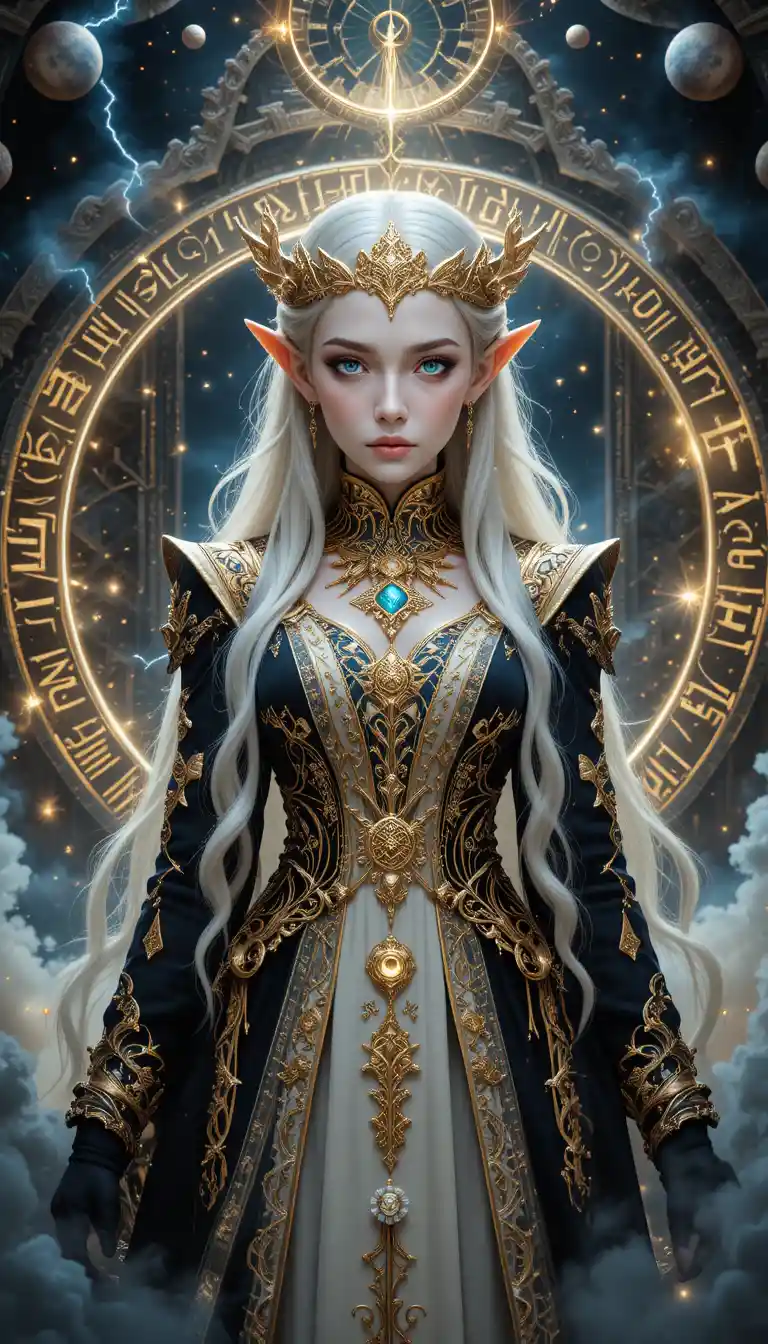 Mystical elven queen in a cosmic celestial portal