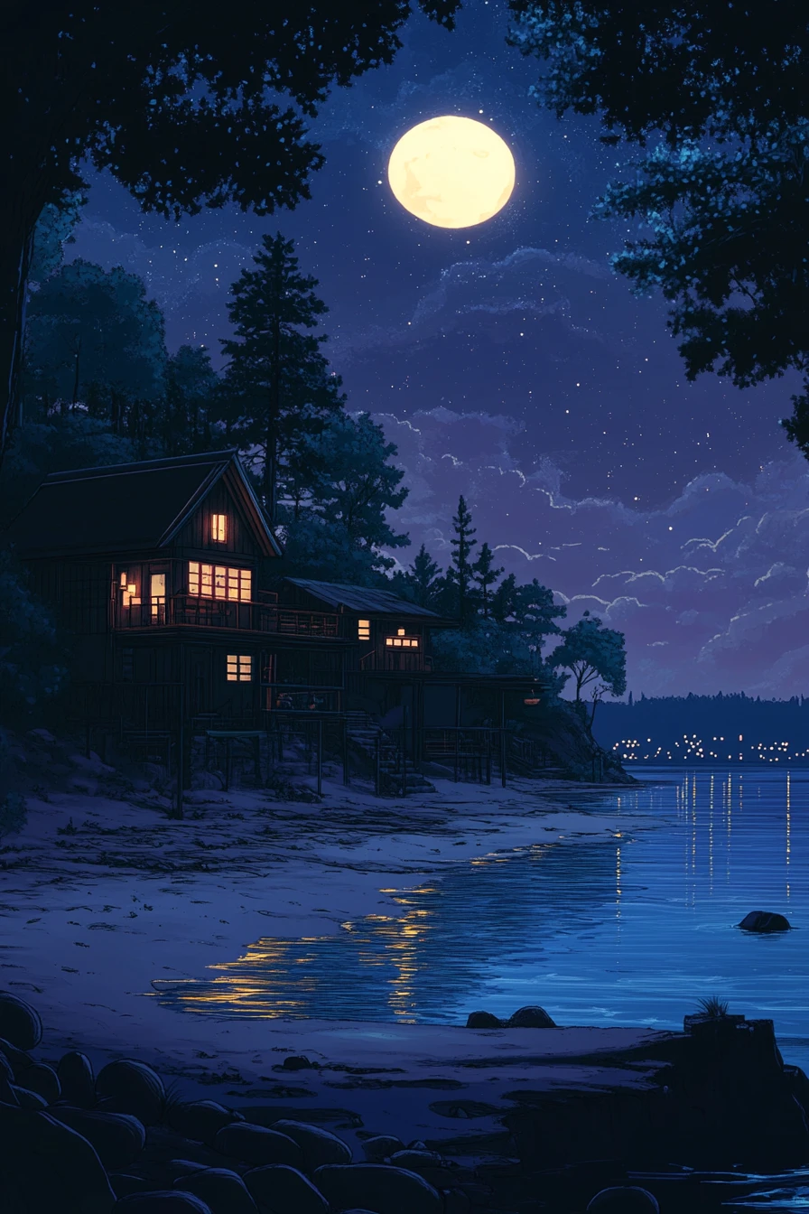 Midnight lagoon with a calm and relaxing atmosphere