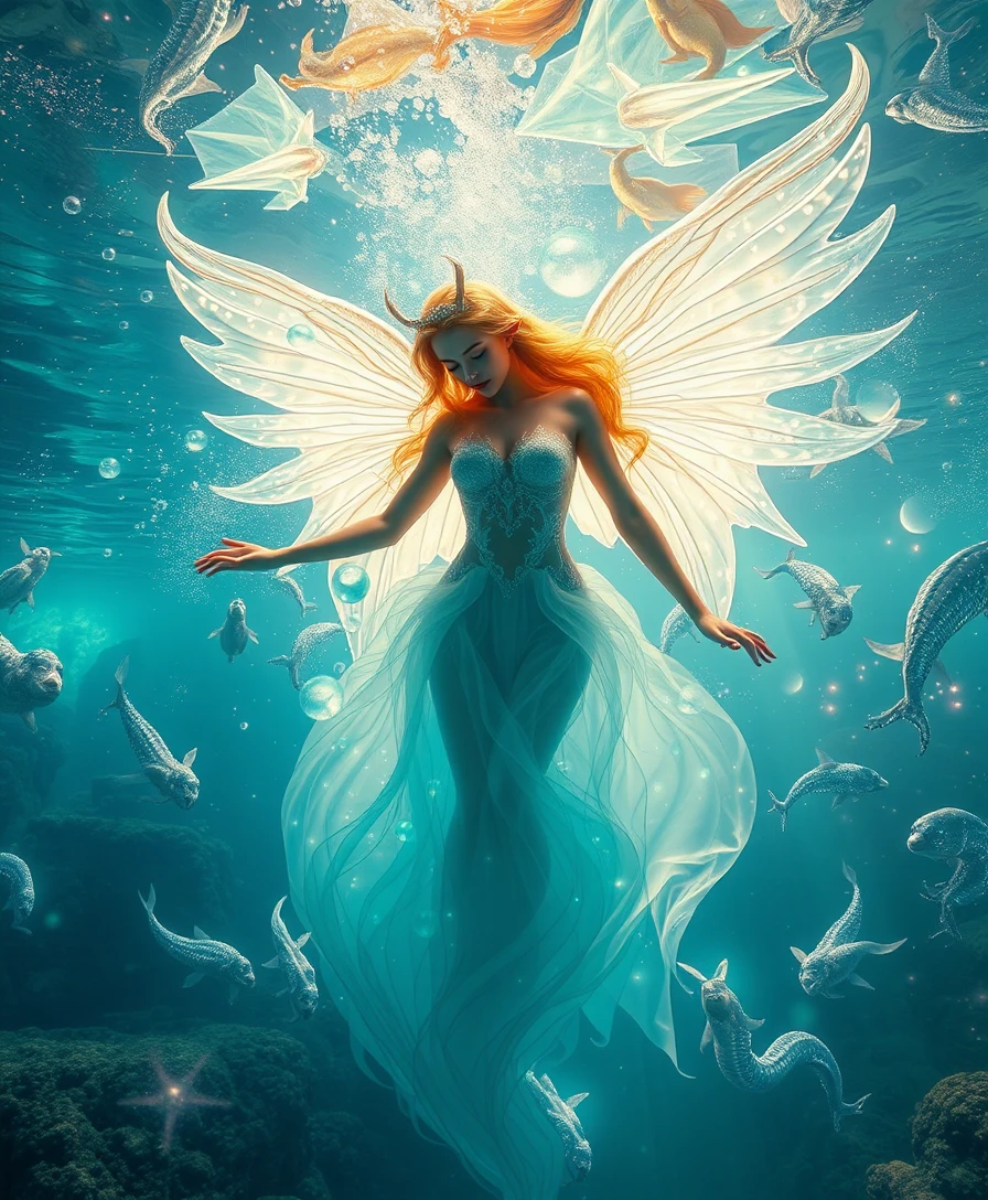 Ethereal water nymph surfacing in a glowing underwater world