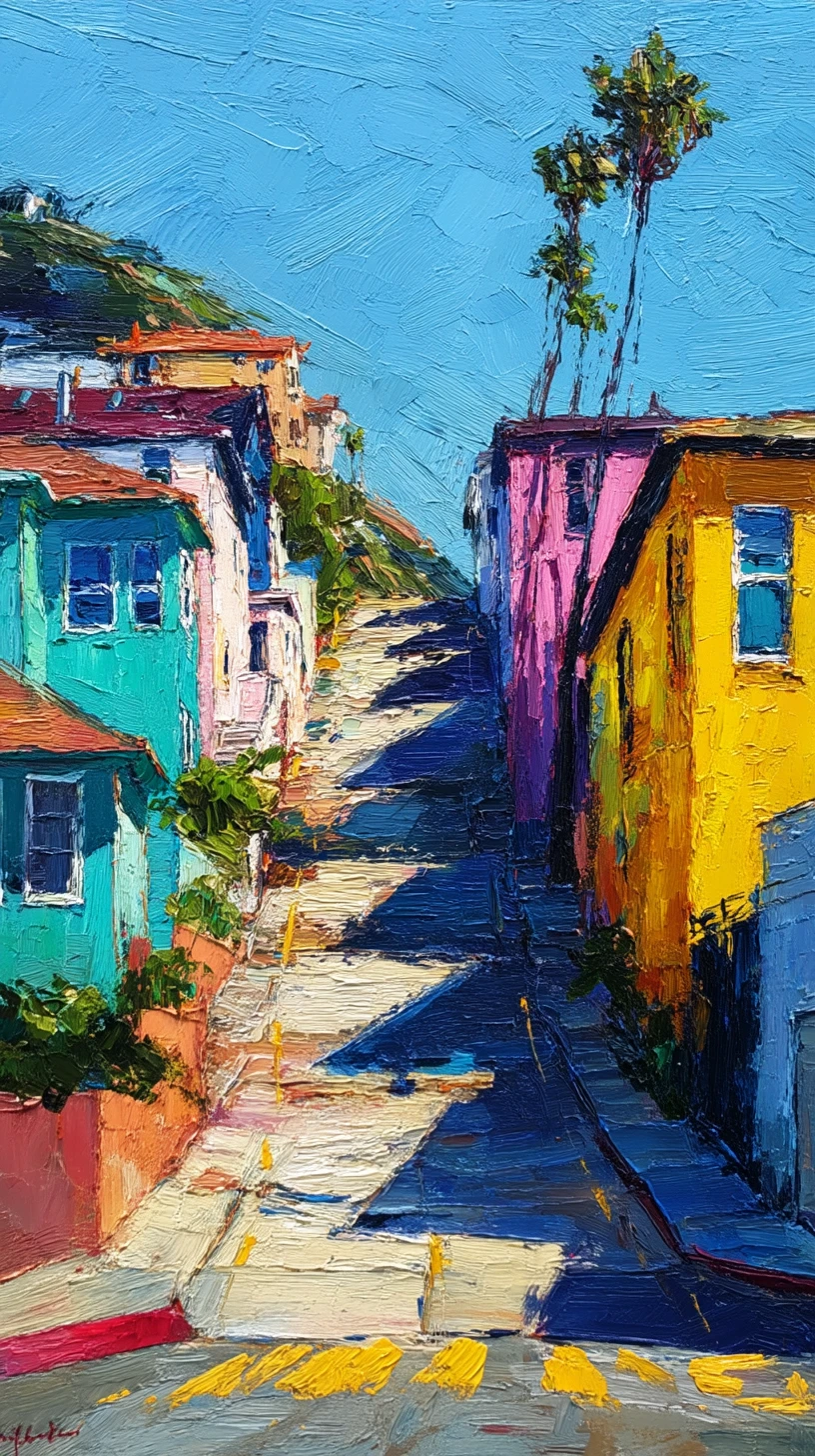 Steep city street with colorful houses in sunlight