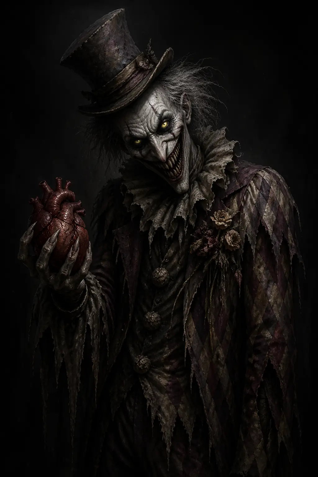 Twisted jester with heart in a fading tattered costume