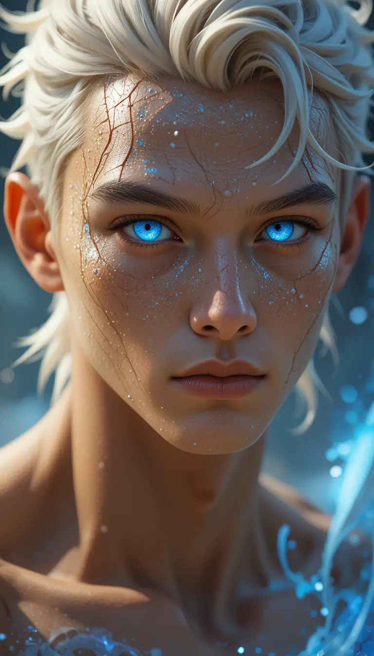 Young fantasy man with glowing blue eyes and light hair