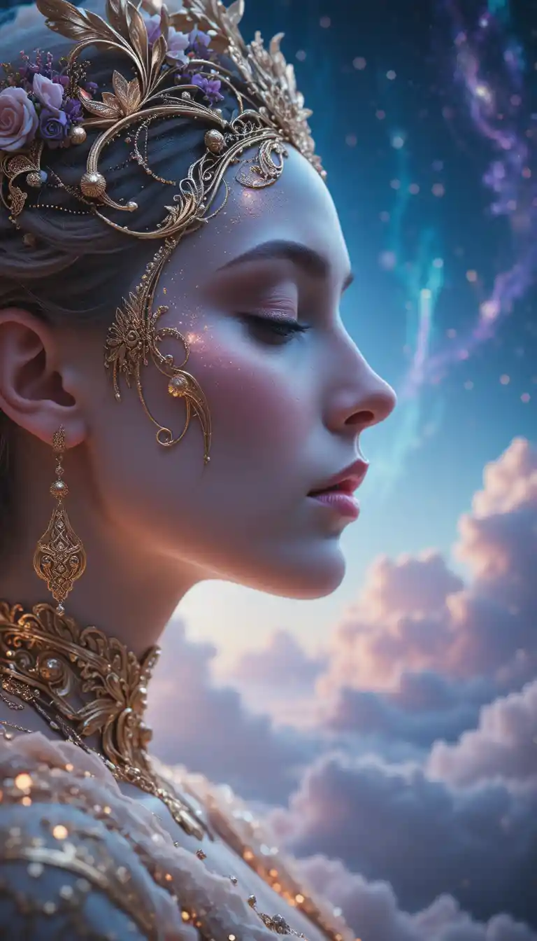Celestial queen side profile with cosmic gold filigree