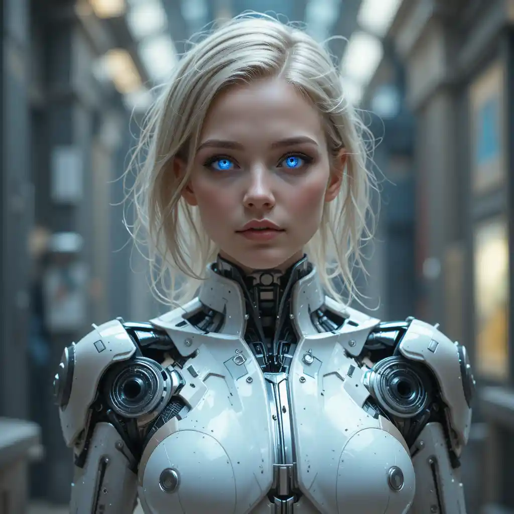 Young female cyborg in a sleek futuristic exoskeleton