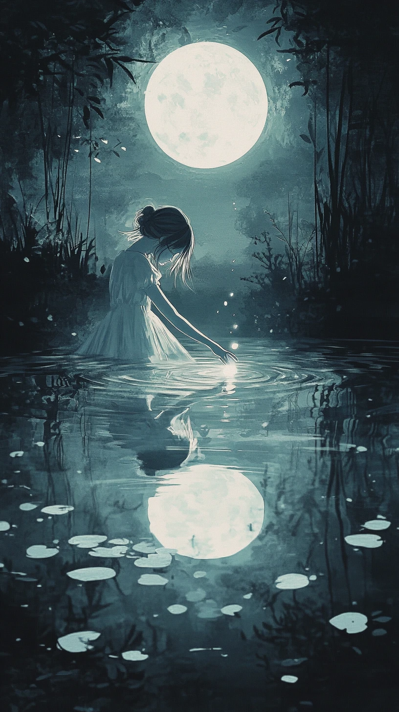 Chica a la luz de la luna alcanzando las lágrimas de una luna que llora