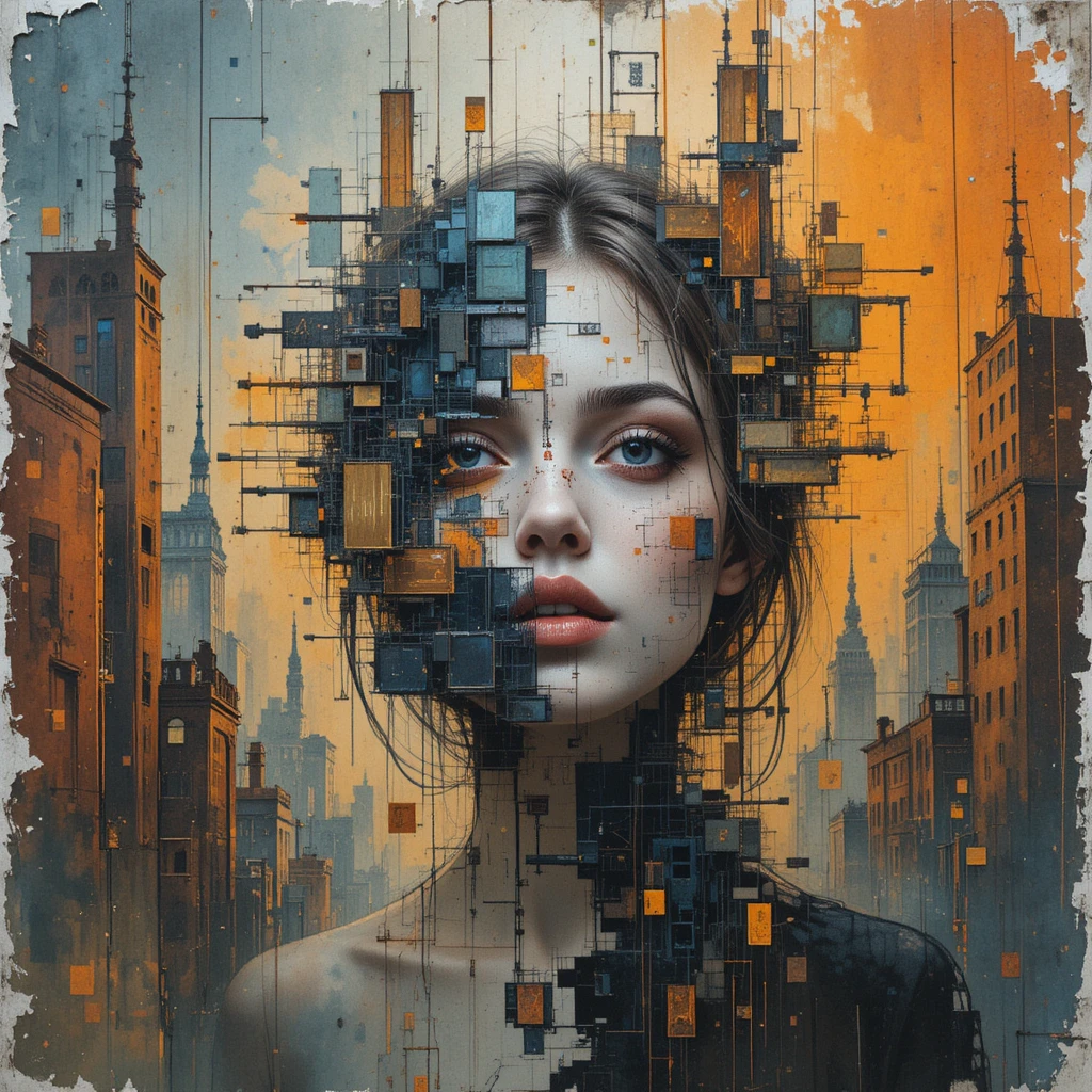 Watercolor cityscape with an artistic woman in chaotic layers