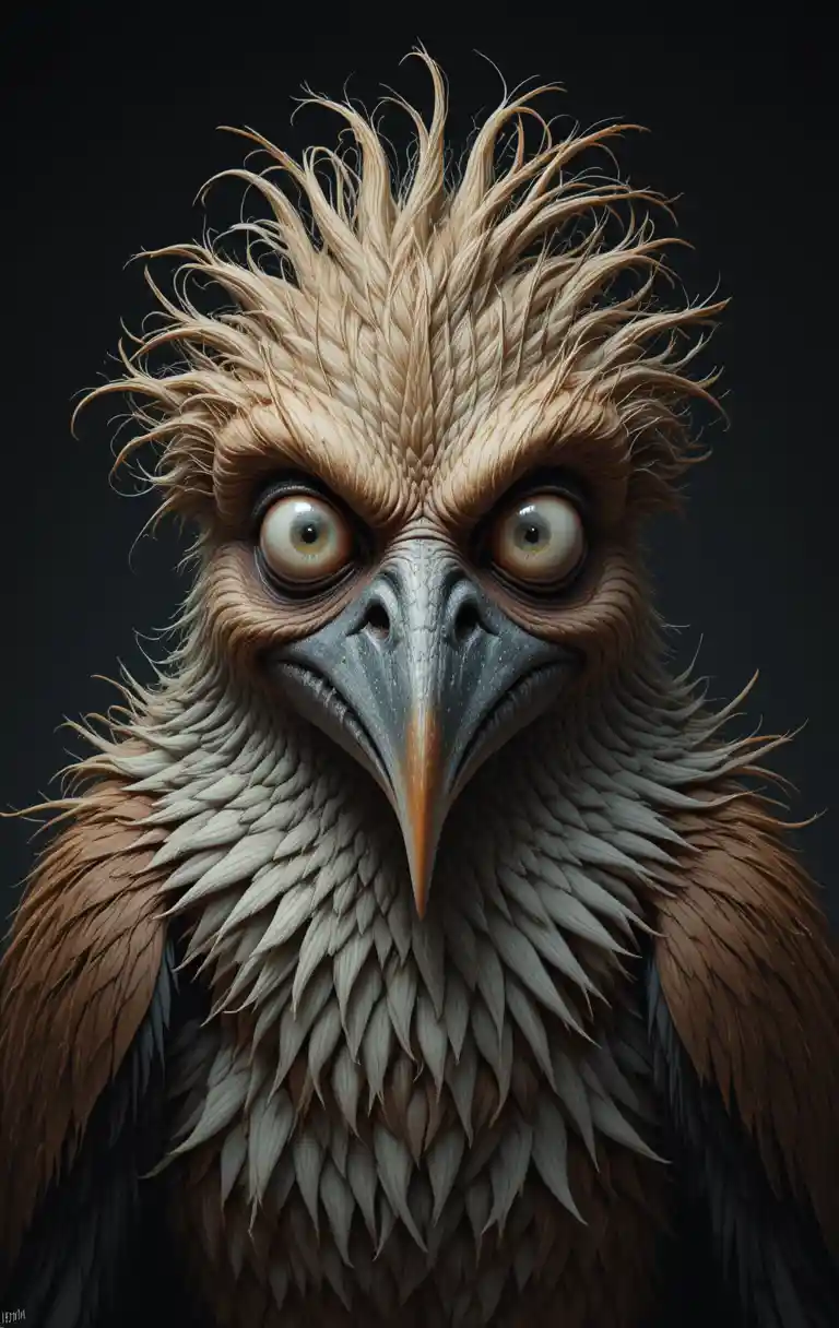 Freaky bird with human like eyes in dark digital painting