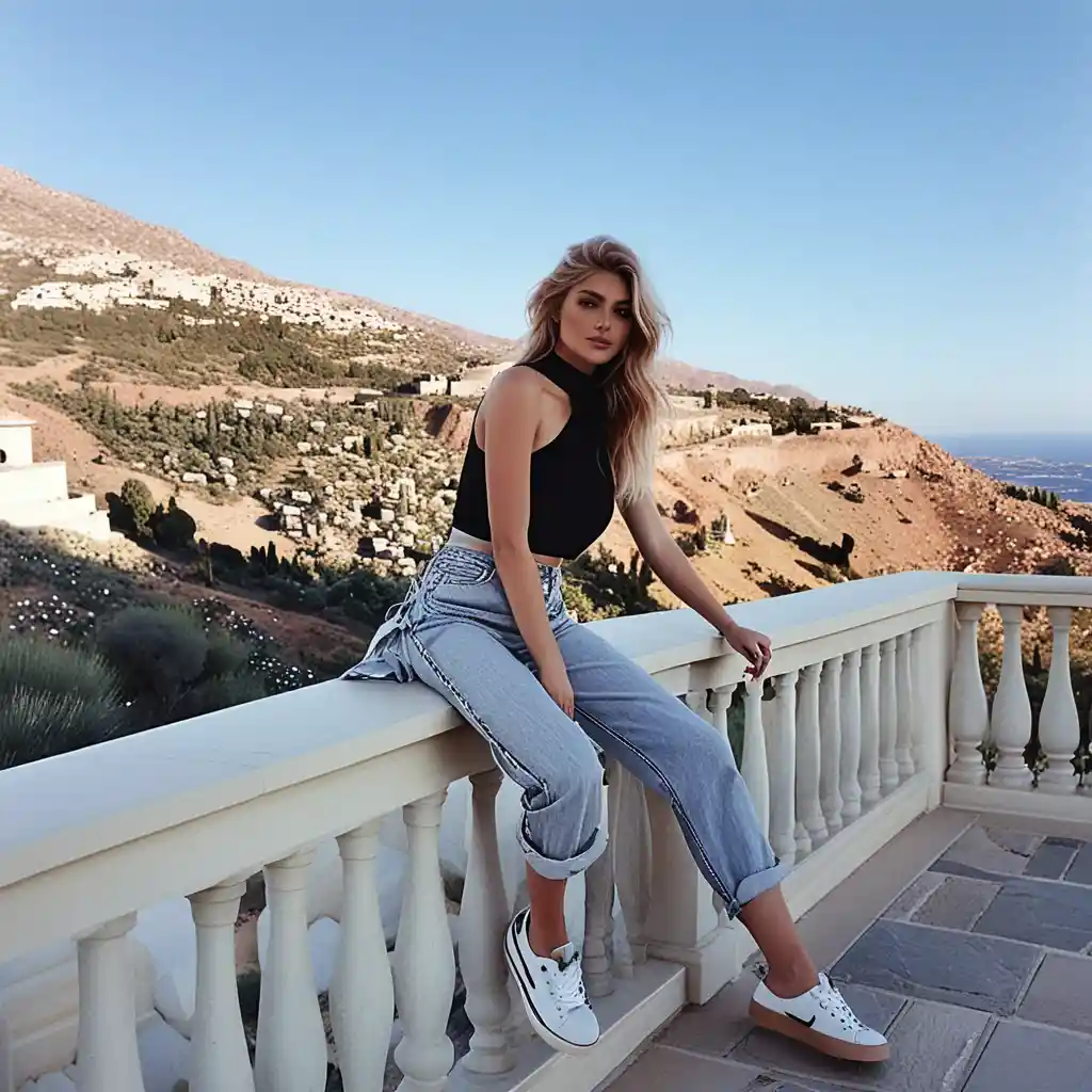 Young woman in denim posing on stone balustrade