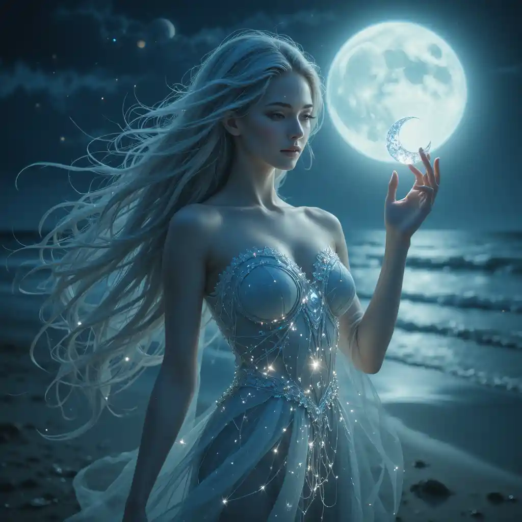 Mystical moon goddess glowing on a serene night beach