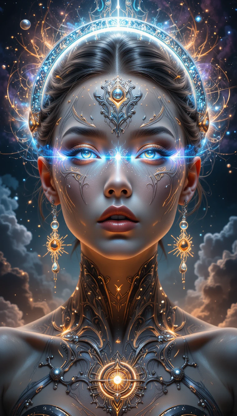 Cosmic woman portrait with luminous crescent moon crown