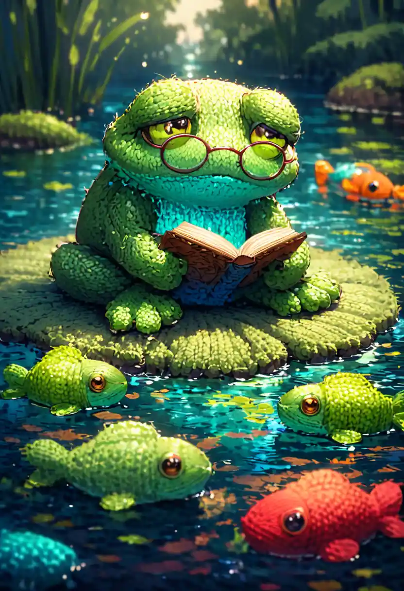 Thoughtful frog with book on leaf in knitted river scene