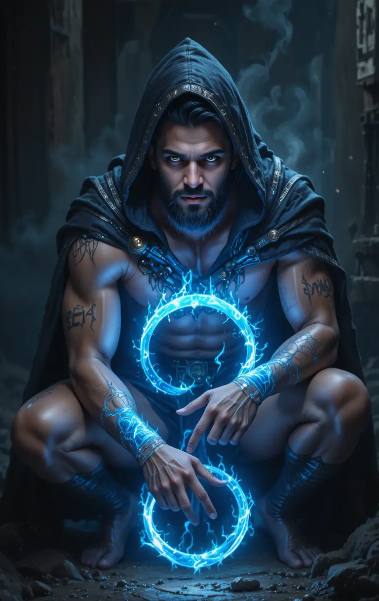 Hooded muscular mage crouching in glowing blue magic circle