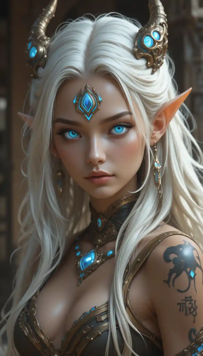 Young fantasy woman with glowing blue eyes and long white hair