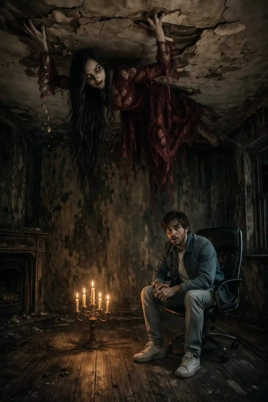 Woman crawling on cracked ceiling above terrified man