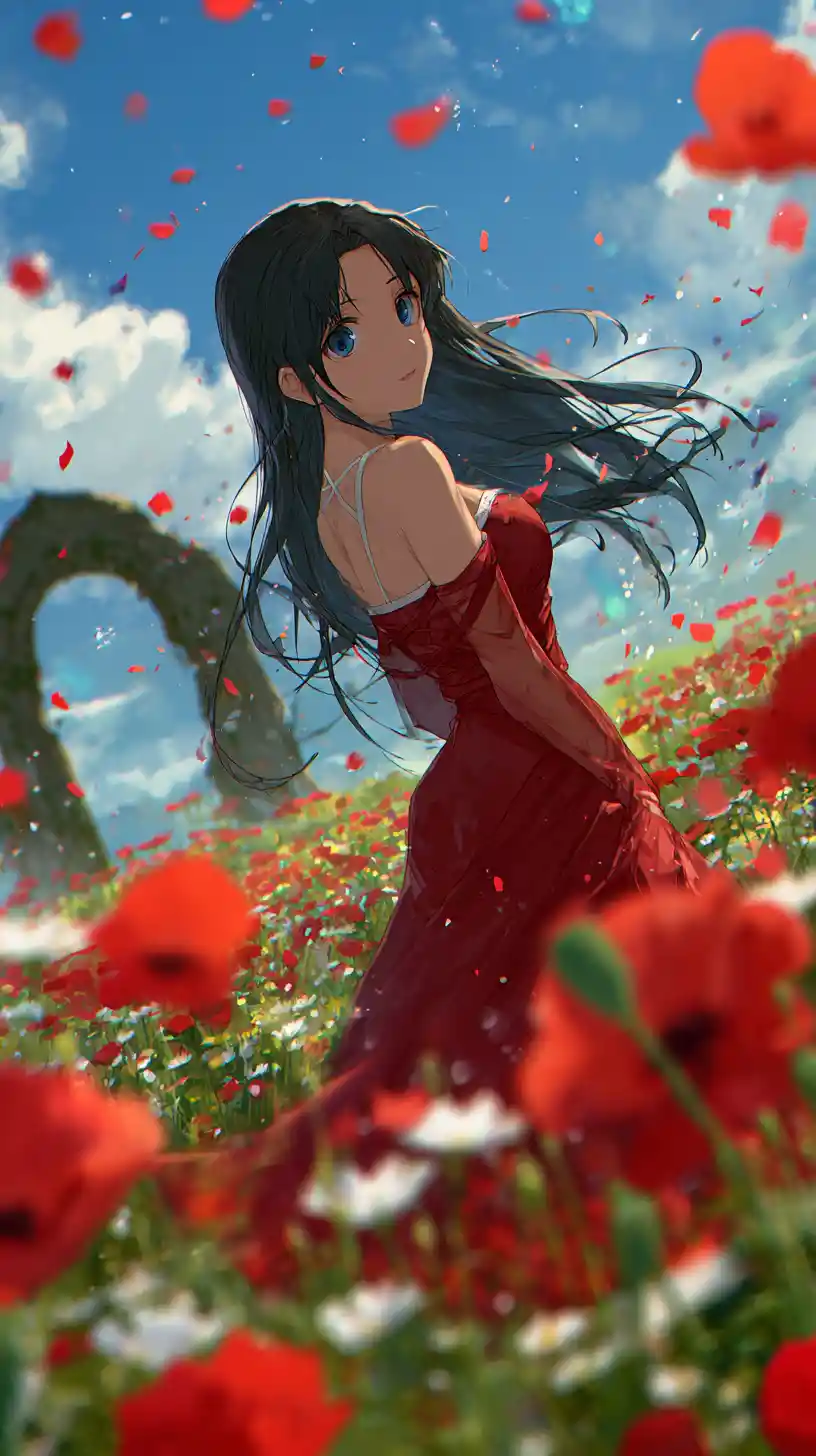 Anime girl in red dress among glowing poppy fields