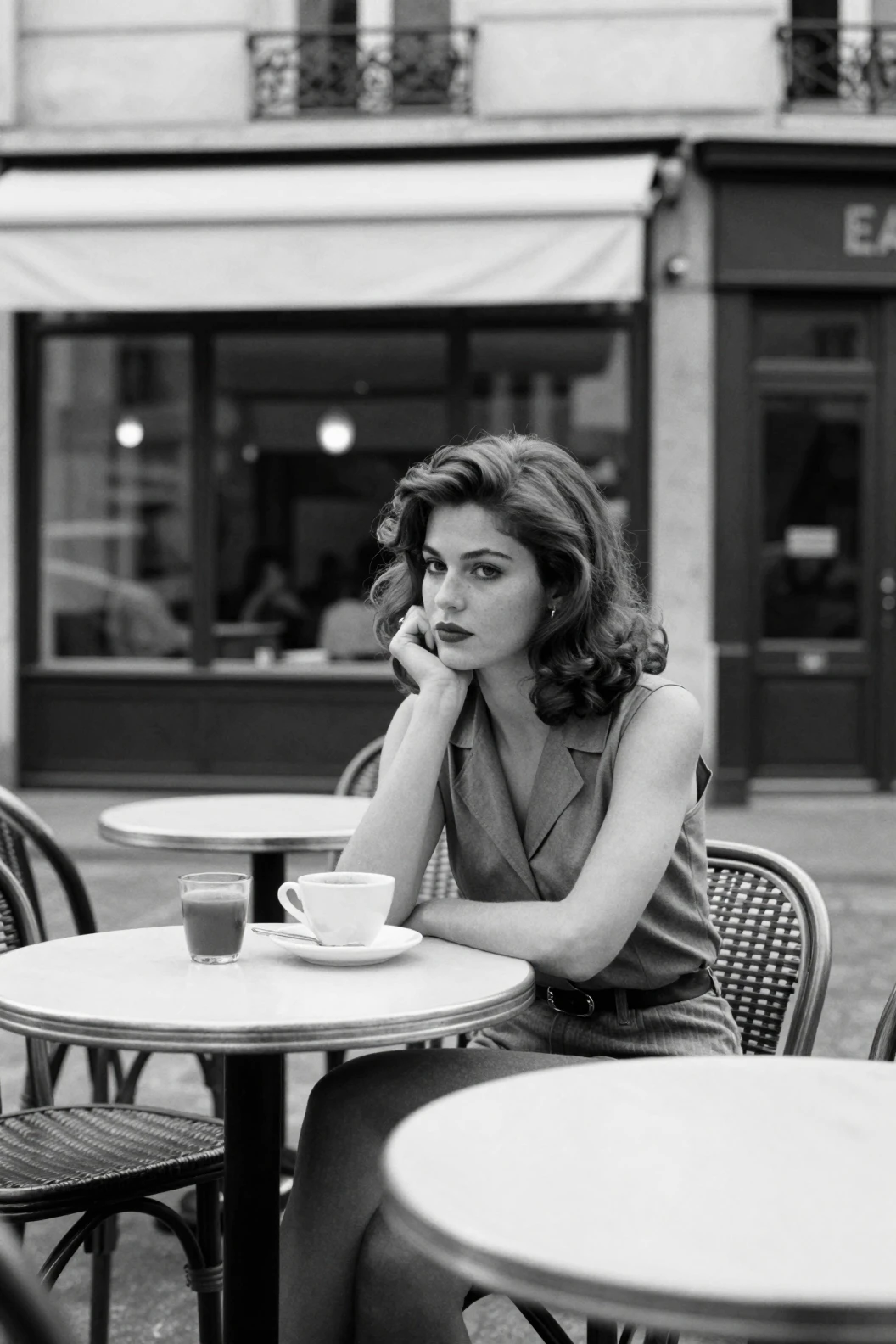 Lonely 1970s Parisian Woman Sitting At Bright Street Cafe