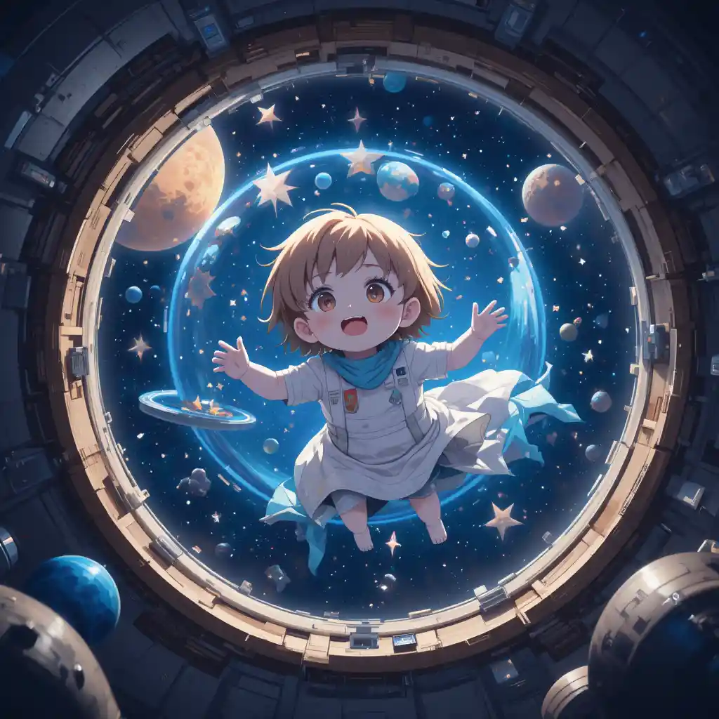 Bambino anime che guarda lo spazio da un'astronave