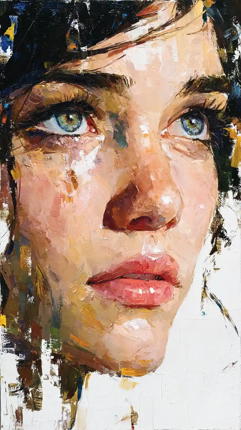 Extreme close up oil painting of a woman's emotional eye