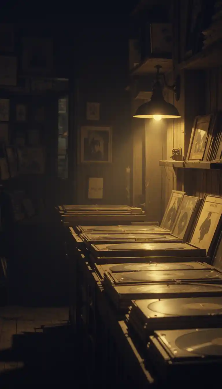Cozy dim record store with vinyl filled wooden crates