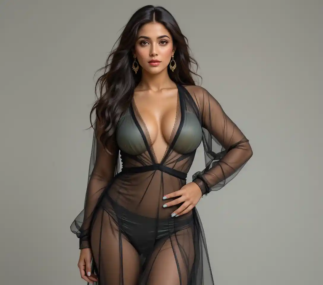 Full body Indian actress posing in sheer modern dress