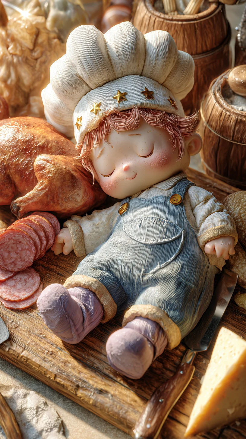 Muñeca de niño chef somnoliento sobre tabla de cortar rústica de madera