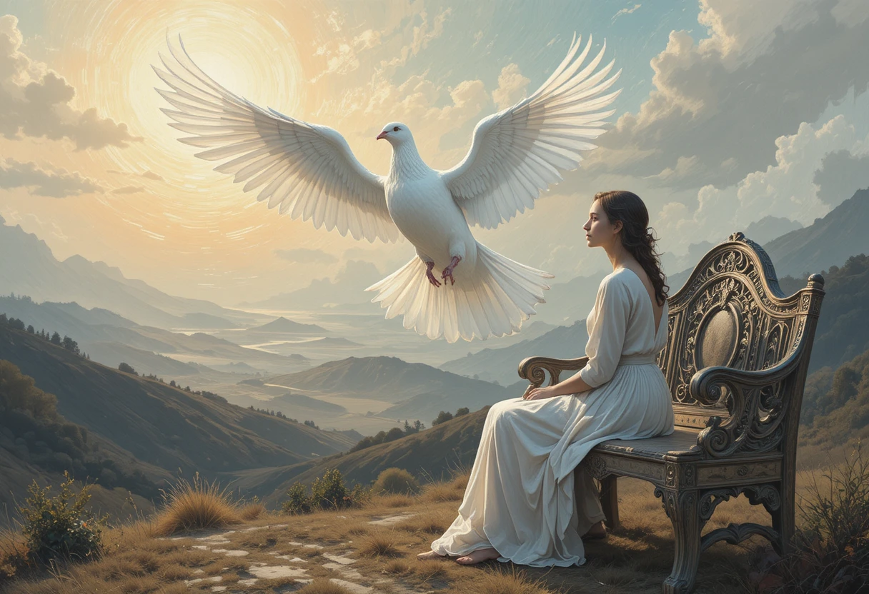 Solitary figure watching a radiant white dove at sunset