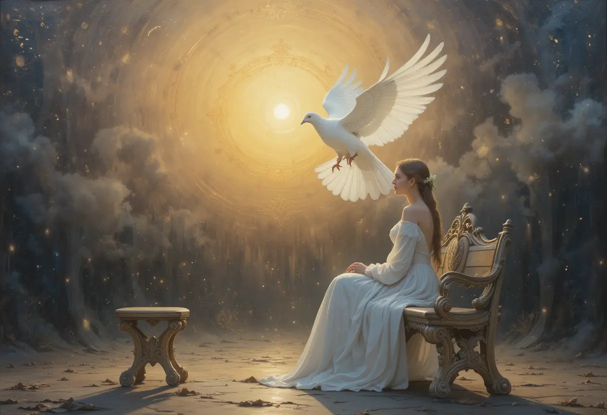Solitary figure with glowing white dove at sunset