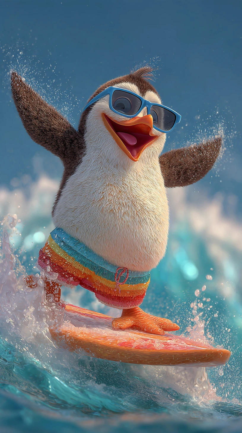 Pingüino juguetón surfeando una ola bajo una luz solar brillante