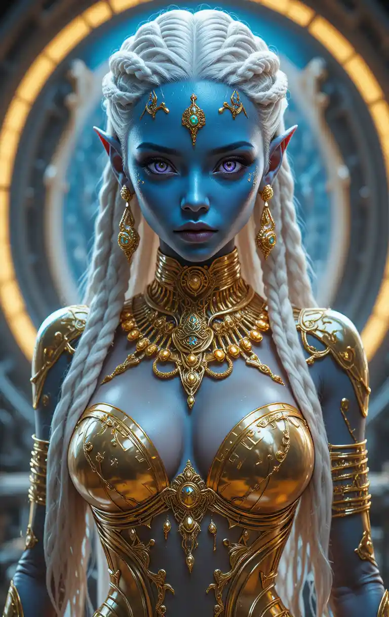Blue alien woman with glowing gold jewelry in sci fi scene