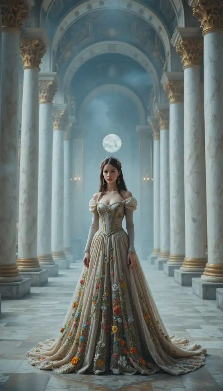 Medieval queen standing in an ornate marble palace